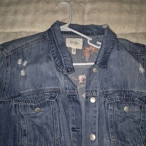 Jessica Simpson Medium Blue Denim Jacket with Floral Trim